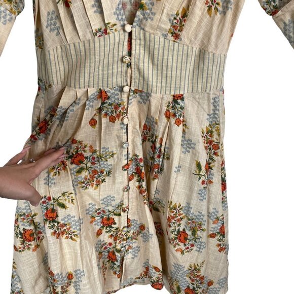 Agua Bendita Menta Sunbaze Floral Print Pleated Mini Dress Beige Size - Picture 6 of 9